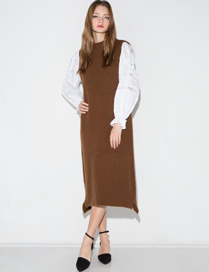 Pixie Market Brown Sleeveless Long Sweater Knit Dress