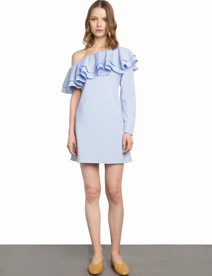 Pixie Market Lola Striped Ruffle One Shoulder Dress