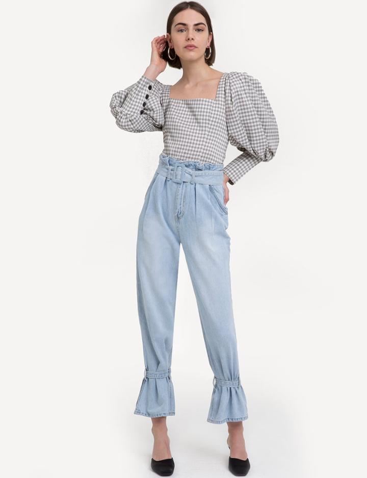 Pixie Market Eli Plaid Puffy Sleeve Button Shirt