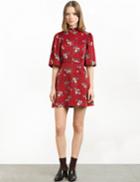 Pixie Market Red Floral Zip Front Fit And Flare Dress