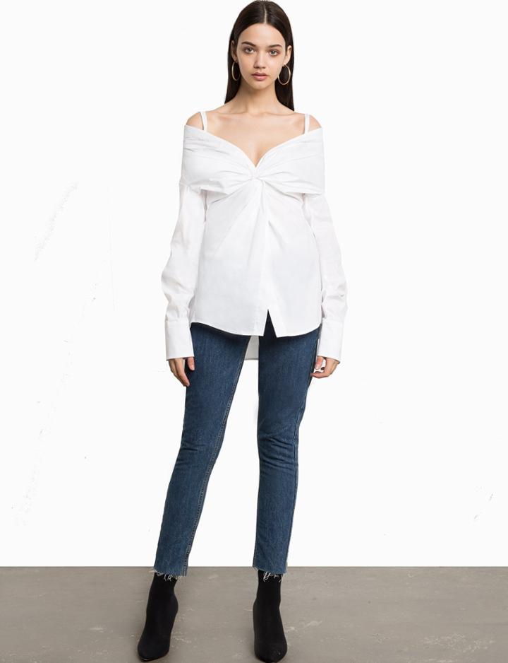 Pixie Market Salma White Twisted Cold Shoulder Shirt