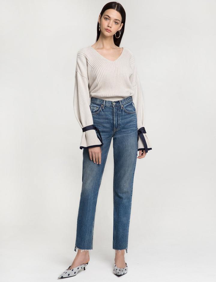 Pixie Market Ribbon Sleeve Cuff Tie Sweater