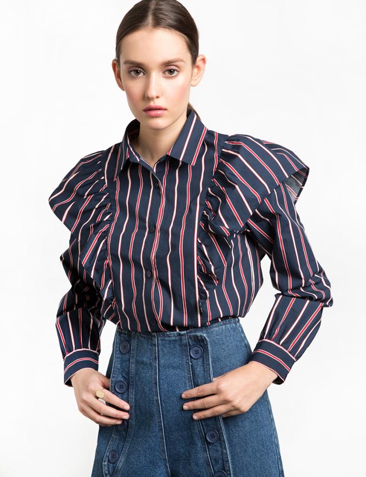 Pixie Market Navy And Red Striped Ruffled Shirt