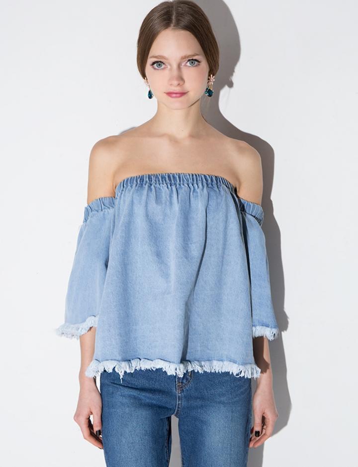 Pixie Market Joa Denim Frayed Off The Shoulder Top