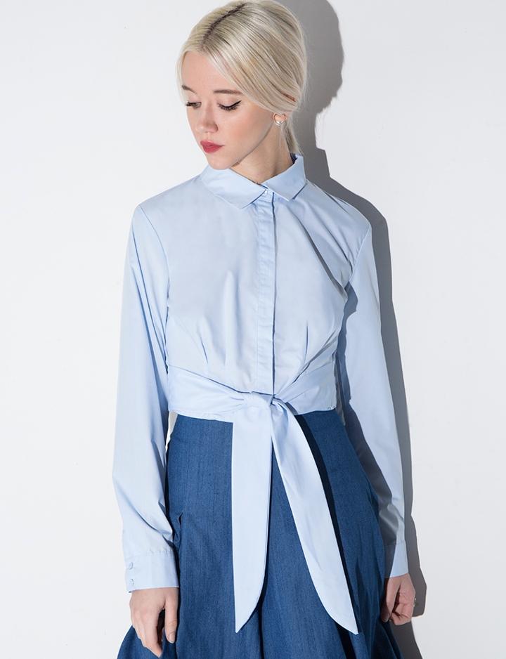 Pixie Market Light Blue Waist Tie Crop Shirt