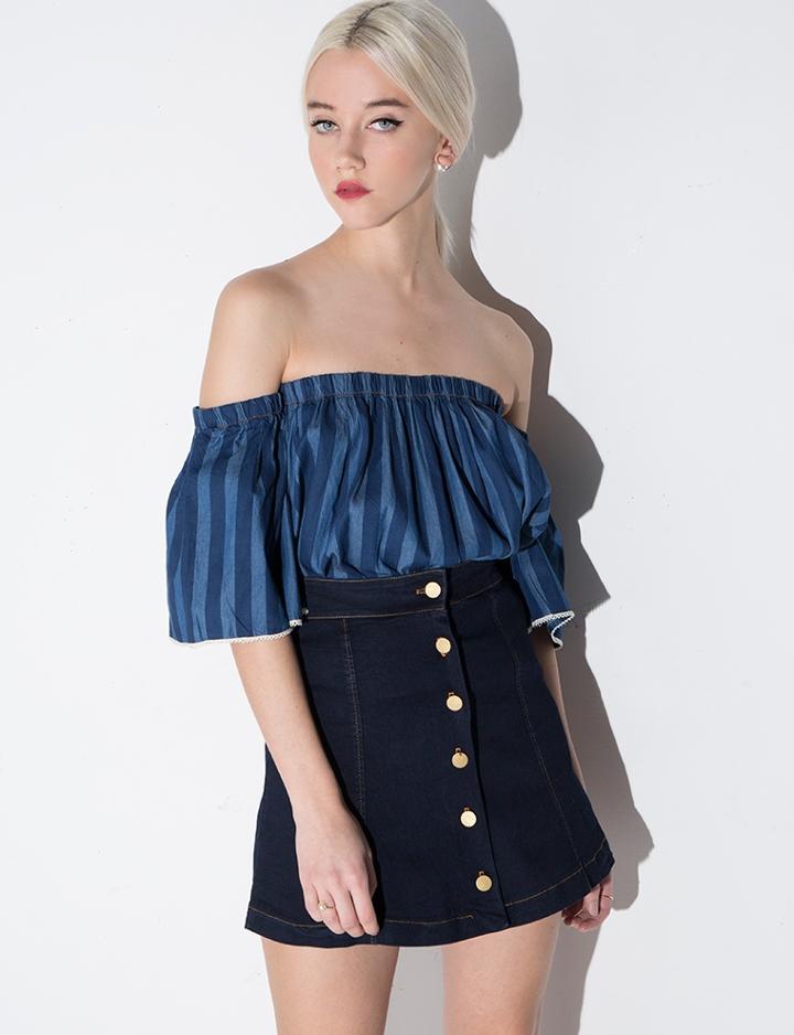Pixie Market Denim Stretch Button Mini Skirt