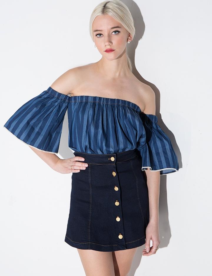 Pixie Market Stripe Denim Off The Shoulder Top