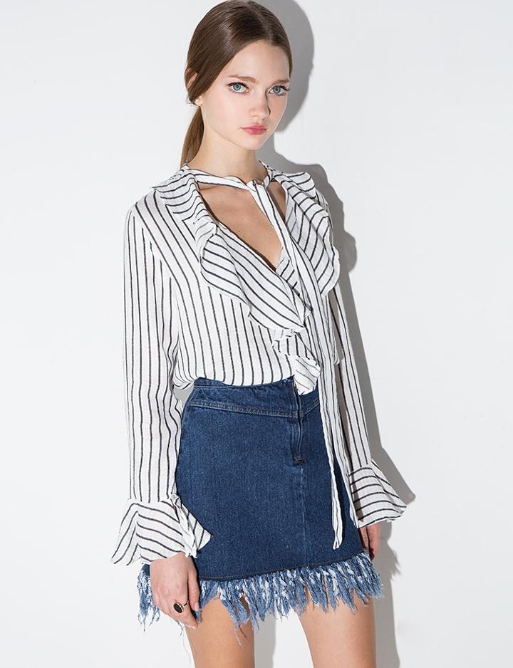 Pixie Market White Check Ruffled Neck Tie Blouse