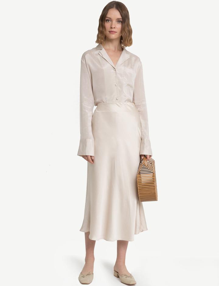 Pixie Market Rene Beige Satin Long Skirt