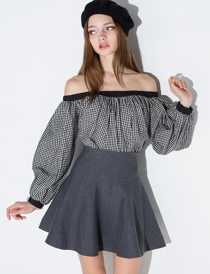 Pixie Market Gingham Off The Shoulder Balloon Sleeve Top