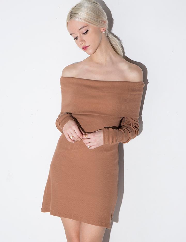 Pixie Market Brown Off The Shoulder Knit Dress