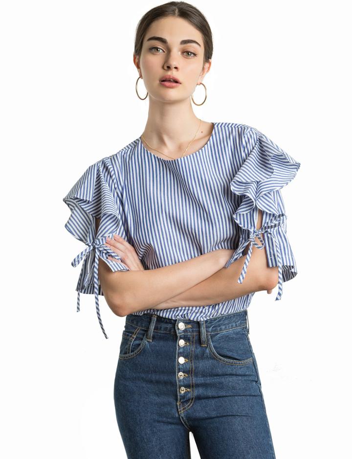 Pixie Market Quincy Striped Ruffle Sleeve Tie Top