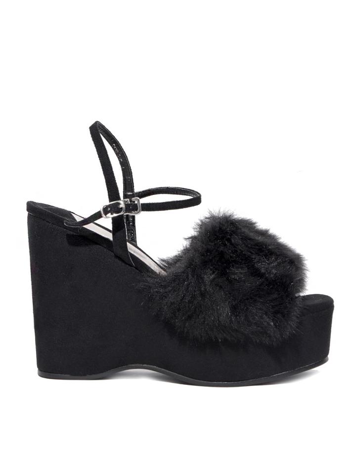Pixie Market Black Suede Fur Wedges