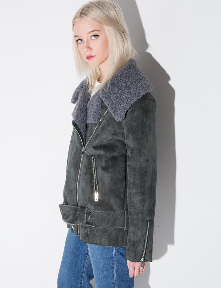 Pixie Market Green Faux Shearling Biker Jacket