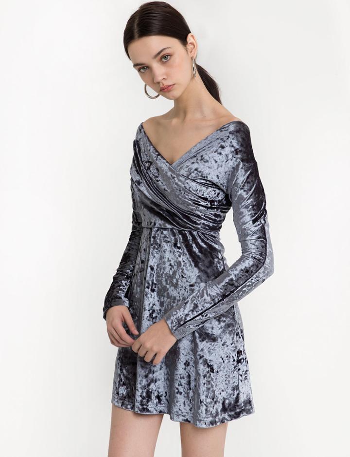 Pixie Market Grey Valerie Velvet Wrap Off The Shoulder Dress -15% Off