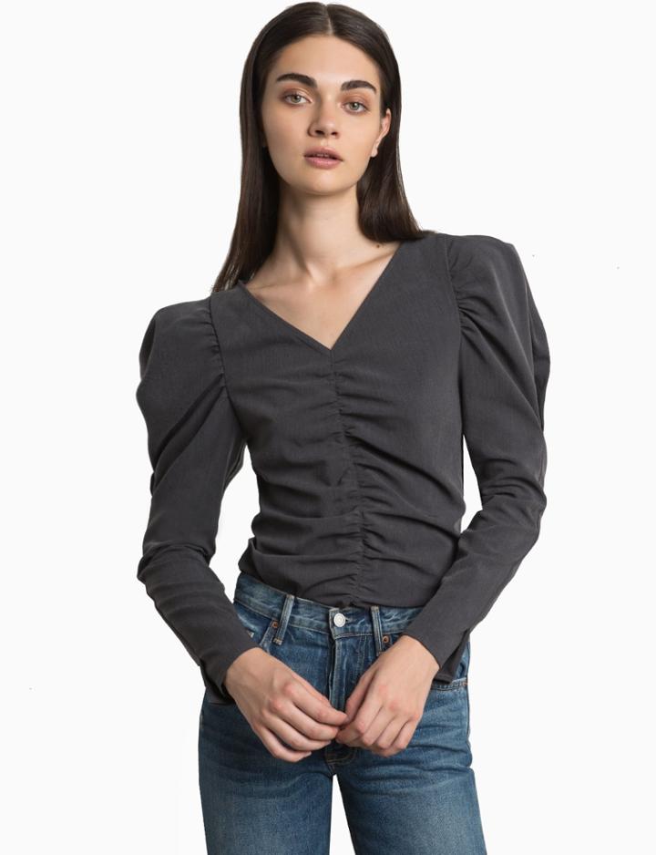 Pixie Market Vie Grey Puffy Sleeve Ruched Top