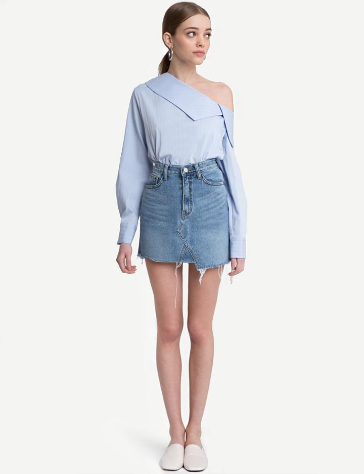 Pixie Market Blue Fold Off The Shoulder Shirt
