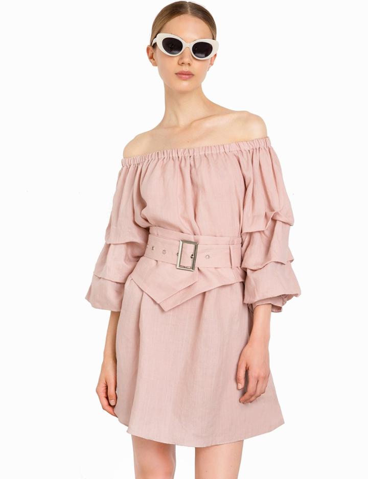 Pixie Market Rosa Linen Belted Off The Shoulder Dress