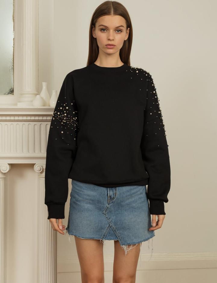 Pixie Market Black Pearl Beaded Sweatshirt