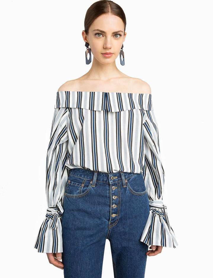 Pixie Market Rae Striped Ots Sleeve Tie Top