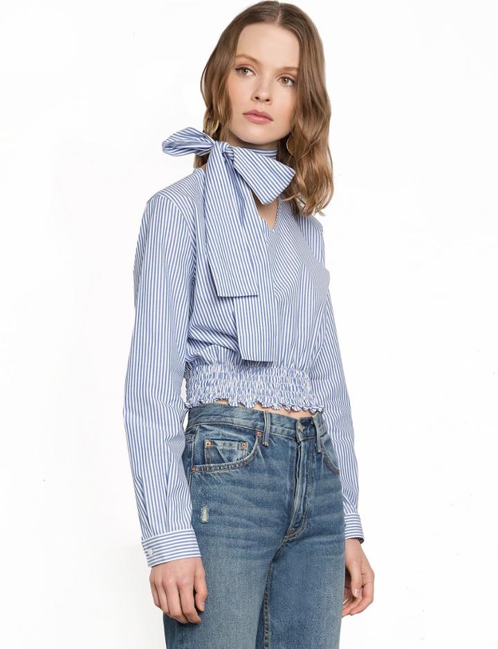 Pixie Market Side Choker Bow Striped Smocked Top