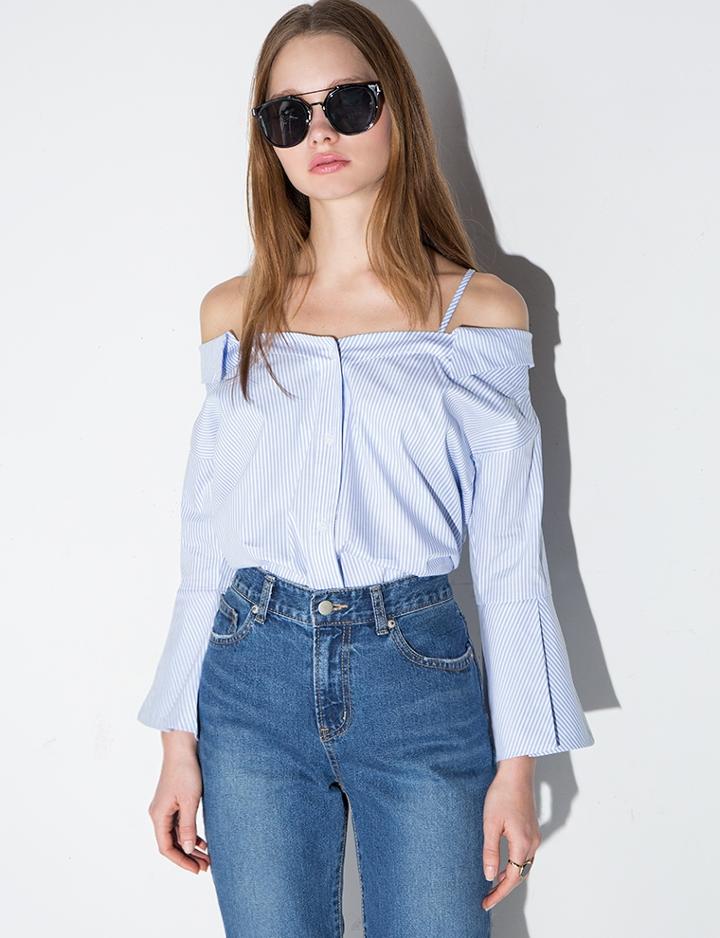 Pixie Market Strappy Off The Shoulder Stripe Cotton Shirt