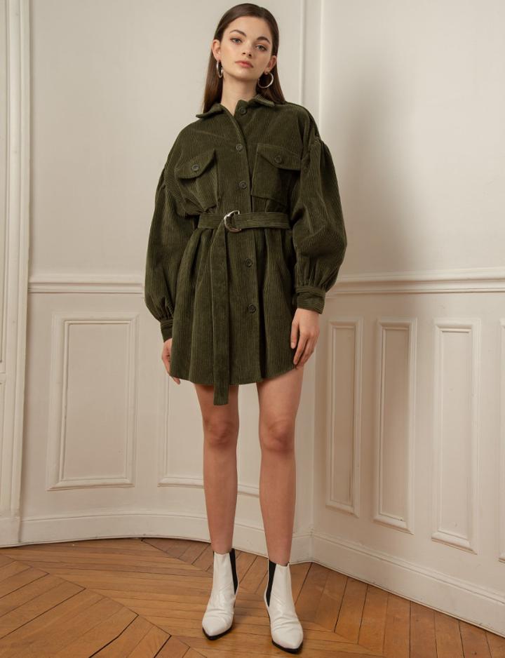 Pixie Market Olive Corduroy Belted Dress