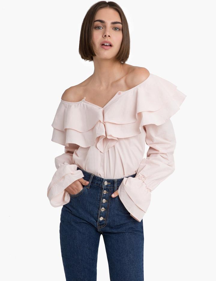 Pixie Market Pink Ruffle Off The Shoulder Shirt