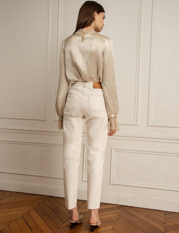 Pixie Market Beige Satin Lace Blouse