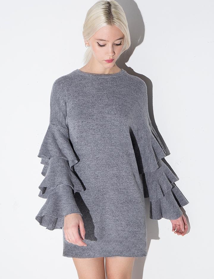 Pixie Market Grey Ruffled Long Sleeve Tunic