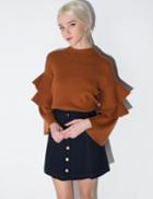 Pixie Market Brown Ruffled Sleeve Sweater