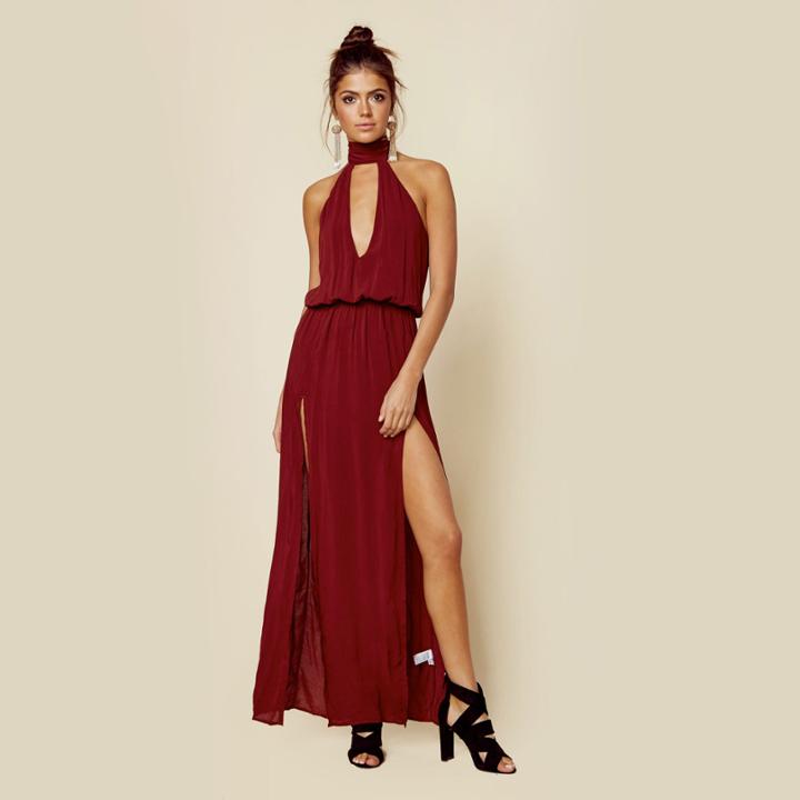 Blue Life Deep V 2 Slit Halter Dress Dresses