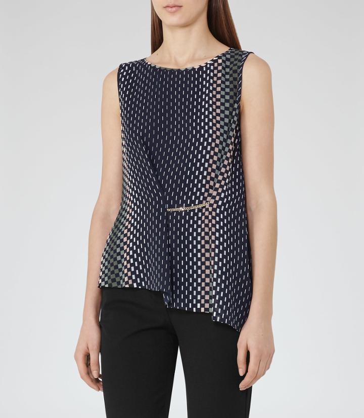 Reiss Eames - Womens Printed Sleeveless Top In Blue, Size 4