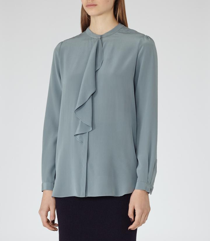 Reiss Raine - Womens Ruffle-detail Blouse In Blue, Size 4