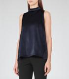 Reiss Blaire - High-neck Silk-front Top In Blue, Womens, Size Xs