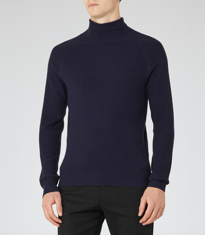 Reiss Tribal - Mens Ribbed-knit Roll-neck Jumper In Blue, Size S
