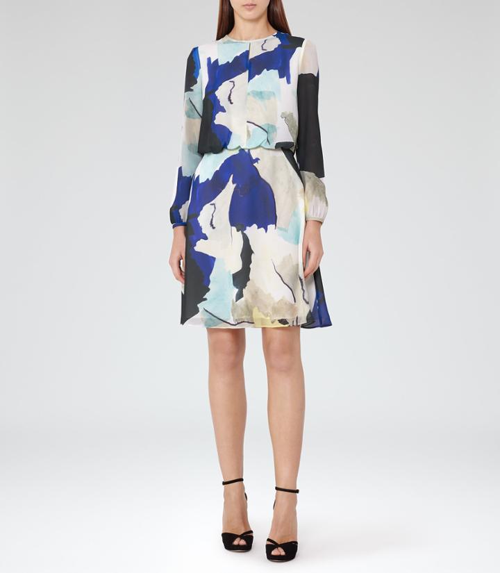 Reiss Neave - Watercolour-print Dress In Blue, Womens, Size 0