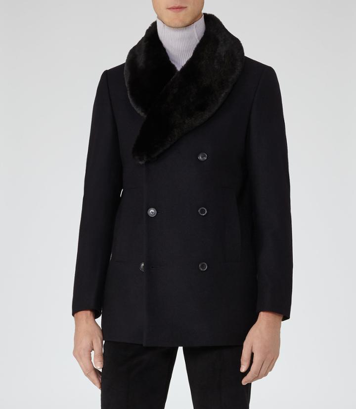 Reiss Cheshire - Mens Fur Trim Pea Coat In Blue, Size Xs