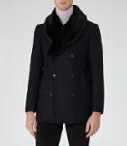 Reiss Cheshire - Mens Fur Trim Pea Coat In Blue, Size Xs