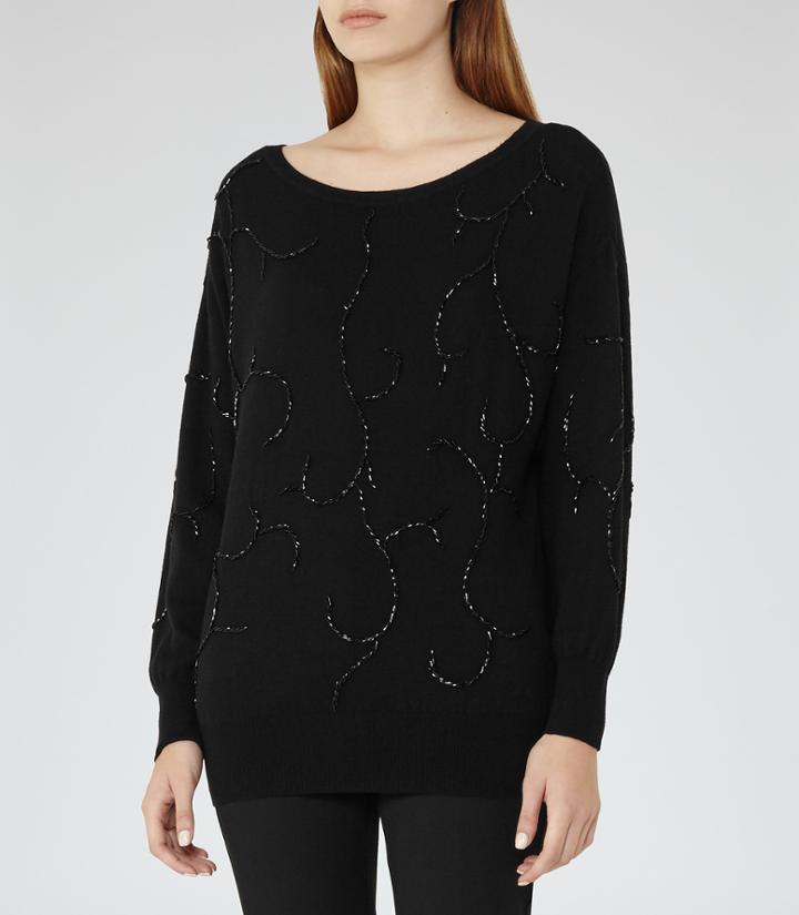 Reiss Poise - Womens Bead-embellished Jumper In Black, Size Xs