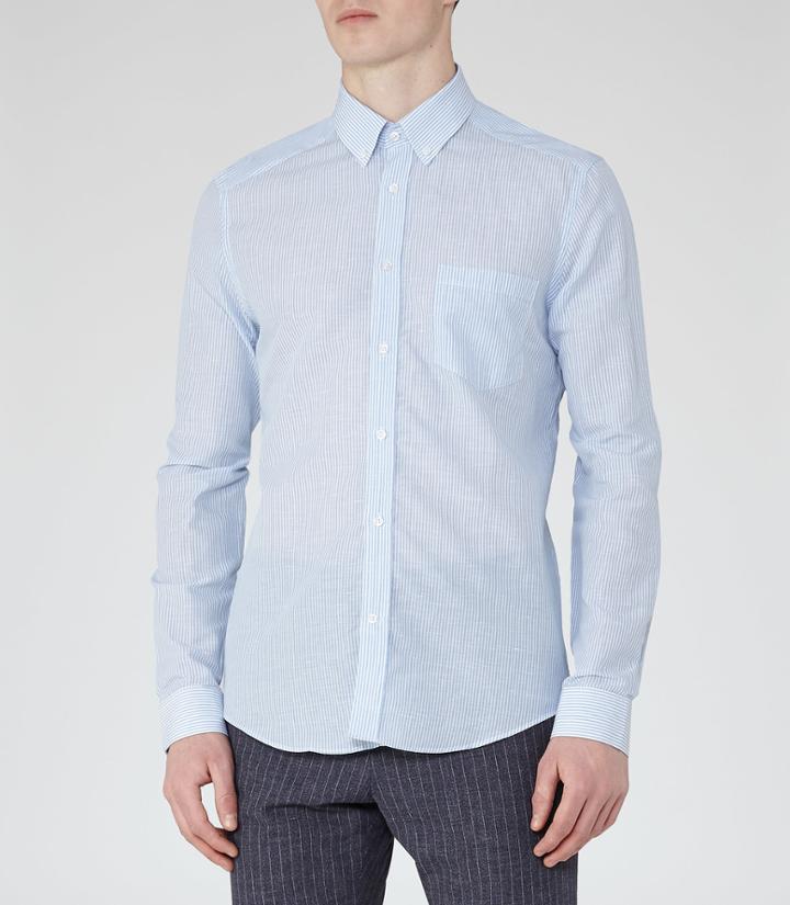 Reiss Sergio - Mens Cotton And Linen Shirt In Blue, Size L
