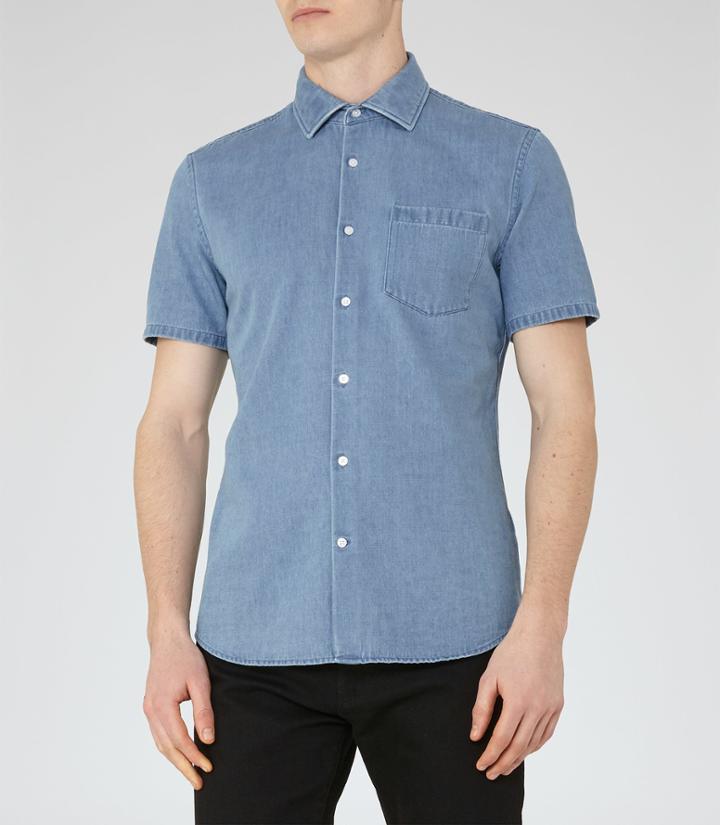 Reiss Kitt - Short Sleeve Denim Shirt In Blue, Mens, Size S