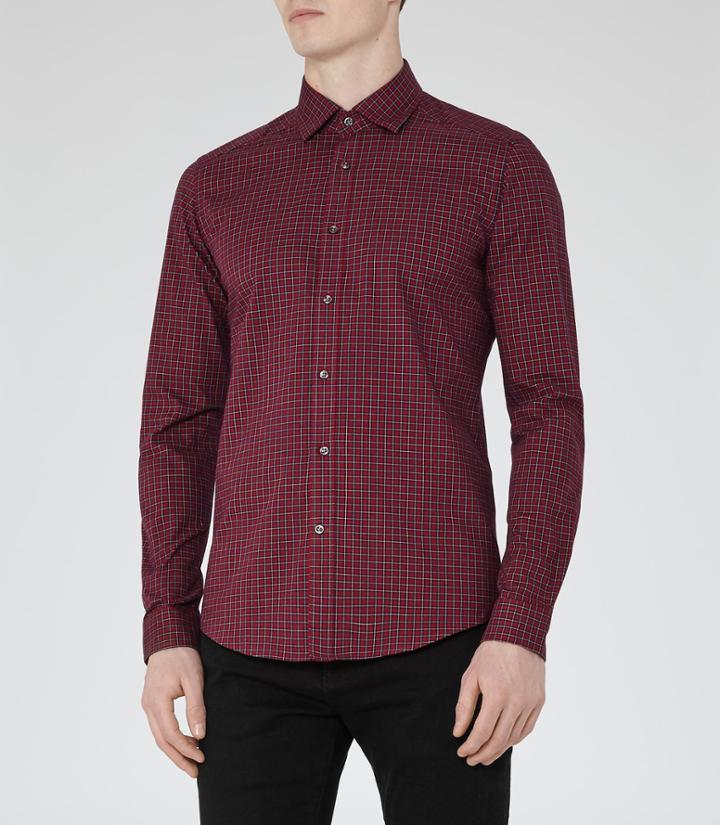 Reiss El Rouge - Mens Checked Slim Shirt In Red, Size Xs