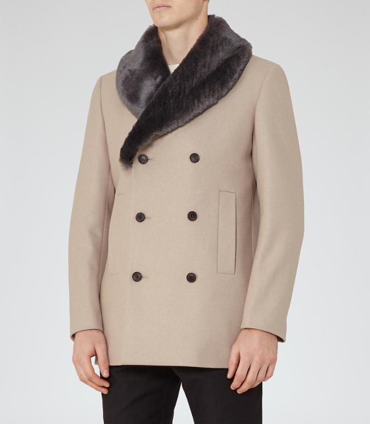 Reiss Cheshire - Mens Fur Trim Peacoat In Brown, Size Xs