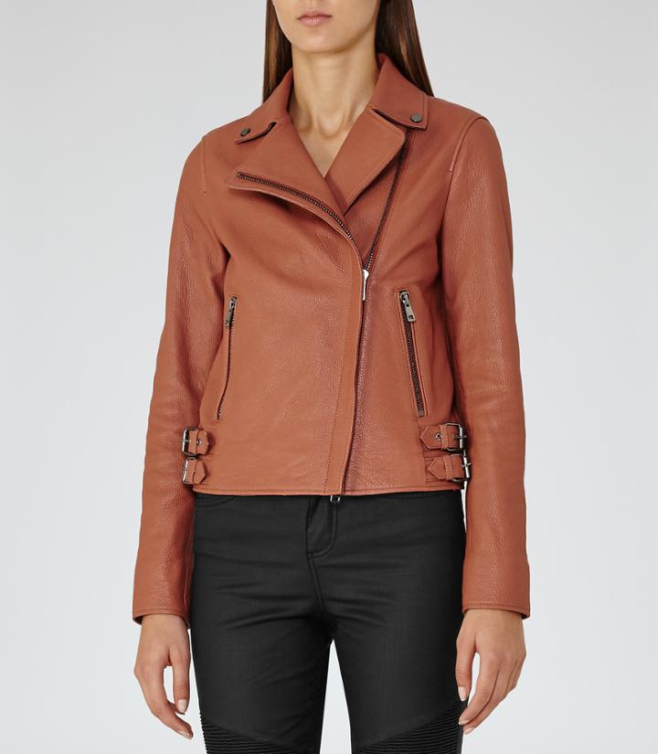 Reiss Sadie - Womens Textured Leather Biker Jacket In Red, Size 6