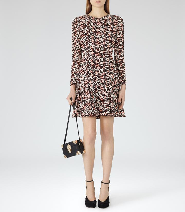 Reiss Aria - Womens Printed Fit And Flare Dress In Red, Size 4