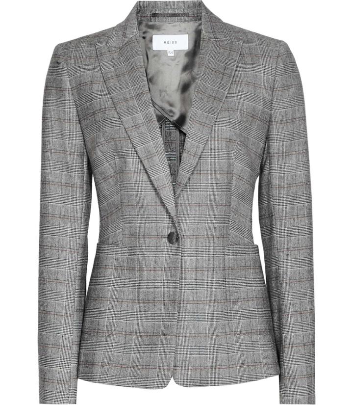 Reiss Musk Jacket - Womens Checked Tailored Blazer In Grey, Size 4