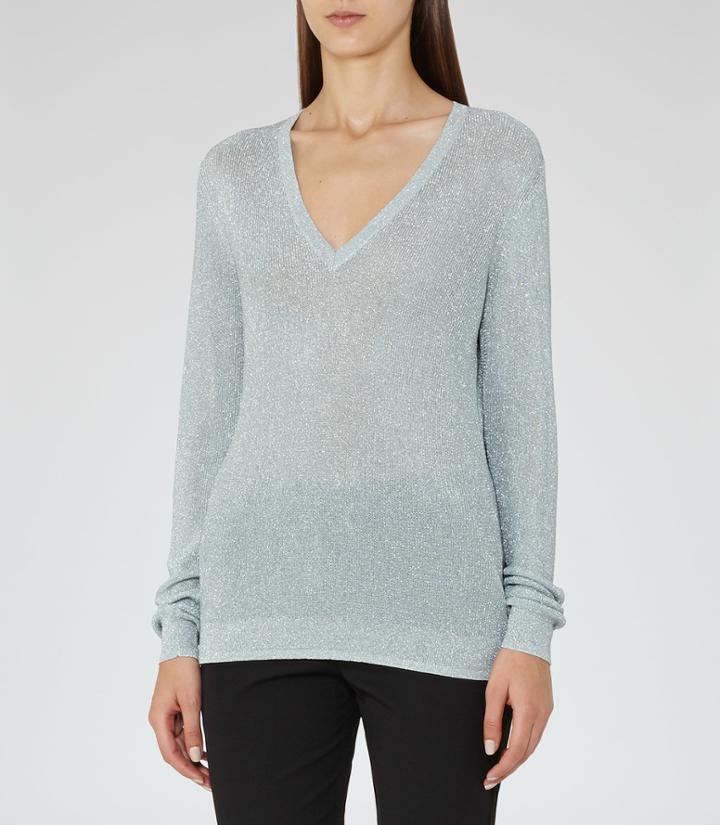 Reiss Estee - Womens Metallic V-neck Jumper In Green, Size S