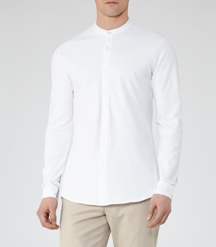 Reiss Harvey - Pique Grandad Collar Shirt In White, Mens, Size Xs
