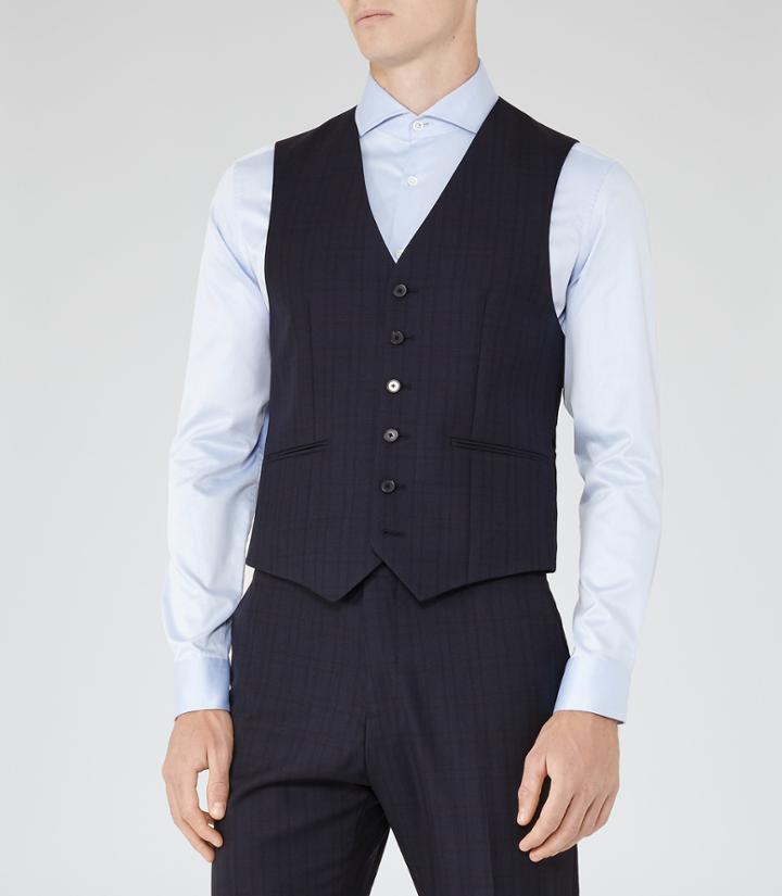 Reiss Baggio W - Mens Checked Wool Waistcoat In Blue, Size 38